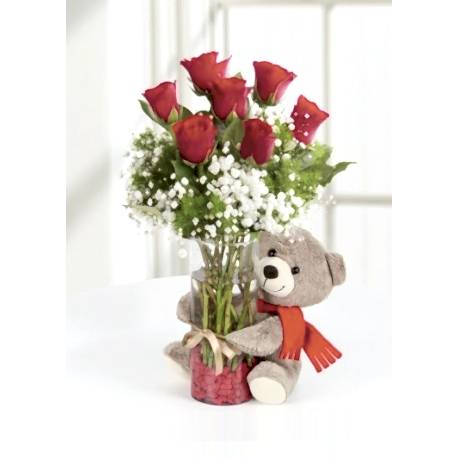 Ayıcıklı 7 Adet Kırmızı Gül